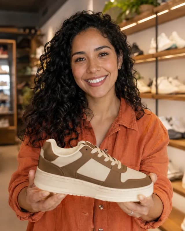 Una vendedora presenta un zapato en una demostración de venta en vivo
